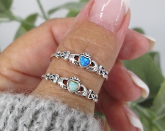 Claddagh Ring>Tiny 925 Sterling Opal Claddagh Ring with Opal,Celtic Ring,Narrow Opal Claddagh Ring,Dainty Claddagh Ring,Love,Friendship