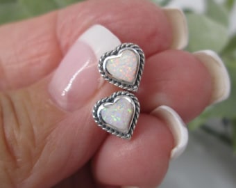 Sterling Silver OPAL Heart Stud Earrings>925 Opal Earrings,925 Heart Studs,925 Sterling Earrings,Custom Tribal Earrings,Southwestern