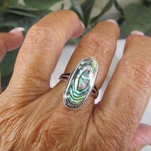 Genuine Abalone Shell Ring&gt;925 Solid Sterling Abalone ring,Long Abalone ring,Abalone Ring,Sterling Silver Ring,Abalone Shell,Non Tarnish