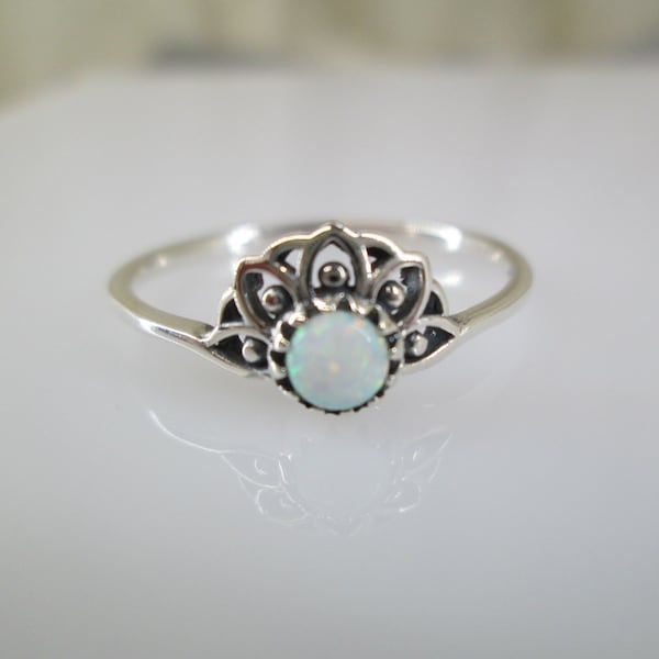 Sterling Silver Opal Ring>Opal Mandala Ring,Opal Lotus Flower ring,Dainty Opal ring,925 Sterling Opal ring,Children's ring,Opal Sunrise ring