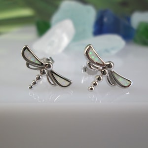 Dainty Sterling Silver Opal Dragonfly Stud Earrings>Opal Studs,Dragonfly Earrings,925 Sterling Studs,Silver Dragonfly Studs,Minimalist Studs