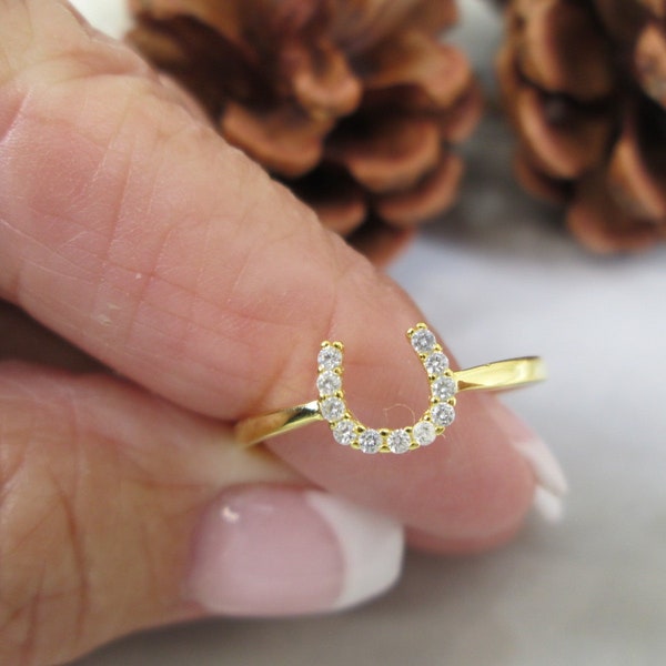 Gold HORSESHOE Ring>Sparkling Simulated Diamonds>Dainty 14kt.gold Over Sterling Horseshoe ring,Diamond Horseshoe,Equestrian,Good Luck,Horse