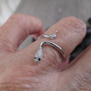May include: A silver snake ring with clear and black stones. The snake is coiled around the finger and has a detailed head with black eyes.