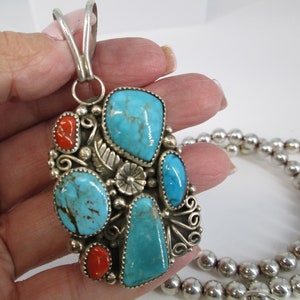 Navajo Turquoise Pendants&gt;Turquoise and Coral Sterling Silver Pendant,Native American 925 Turquoise Pendant,Southwestern, 6 to Choose From