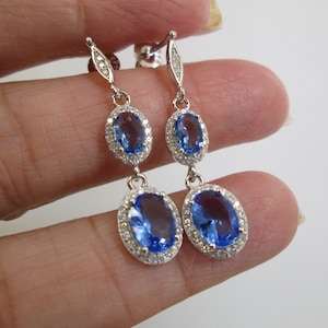 Tanzanite Drop Earrings>Sterling Silver Tanzanite Dangle Earrings,Halo Set Simulated Diamonds,Pave',Sterling Earrings,Tanzanite Earrings