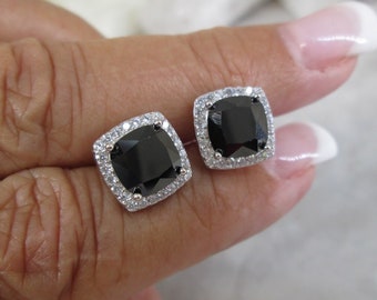 Onyx Cushion Cut Earrings>925 Sterling Silver Earrings,925 Black Onyx Halo Set Studs,Black Diamond earrings,Halo Setting,Sterling Onyx,925