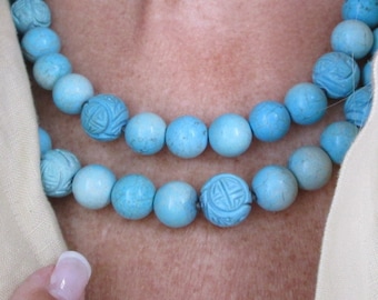 Turquoise Necklace>Carved Turquoise Necklace,Double Strand 925 Turquoise Necklace,Turquoise,Southwest Turquoise,Vintage Turquoise necklace