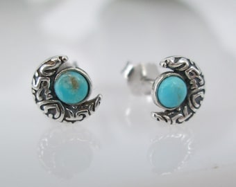 Clous d'oreilles en argent sterling avec croissant de lune turquoise>Véritables clous d'oreilles turquoises, boucles d'oreilles 925 turquoises célestes, clous d'oreilles turquoise de Bali