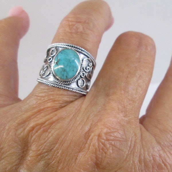 Wide Sterling Genuine TURQUOISE Bali Ring>Bali Cigar Band,925 Turquoise Ring,Wide Band,Boho ring,Turquoise Rings,925 Sterling,Wedding band