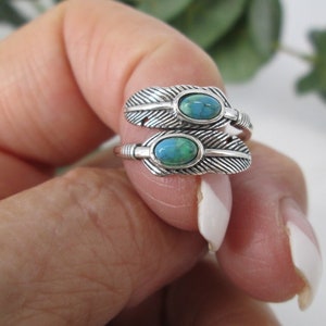 Native FEATHER Ring&gt;Sterling Silver Turquoise Feather Ring,Feather Wrap ring,925 Turquoise Feather ring,Southwestern Feather ring,925 ring