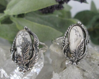 White Buffalo Turquoise Ring>Custom Sterling Silver White Buffalo Ring,Southwestern Ring,White Turquoise Ring,Prayer Leaves,Tribal Raindrops