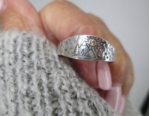Sterling Silver Mountain Lover Ring>925 Outdoor Lover Ring, Sterling Trees & Sun Ring,Mountain Peek Ring, Silver Forest Ring,925 Hiker ring