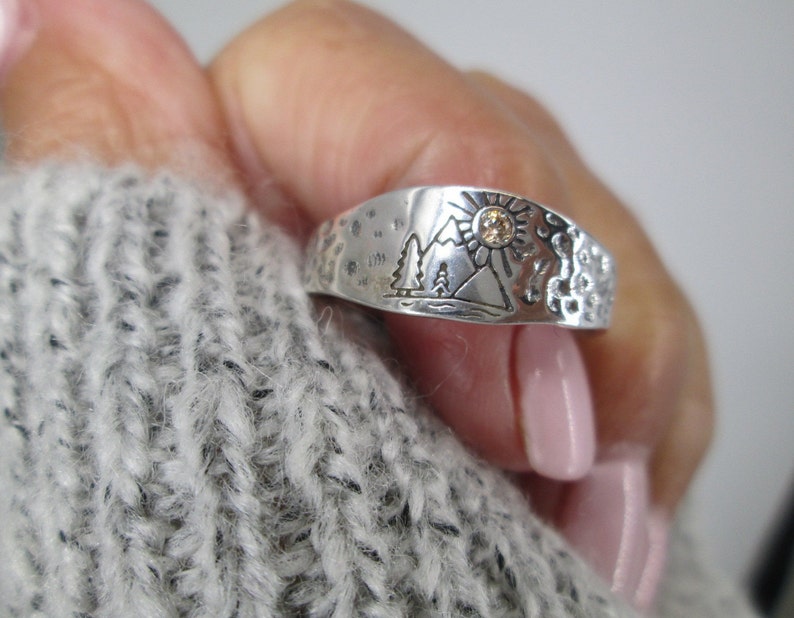 Sterling Silver Mountain Lover Ring>925 Outdoor Lover Ring, Sterling Trees & Sun Ring,Mountain Peek Ring, Silver Forest Ring,925 Hiker ring bild 1