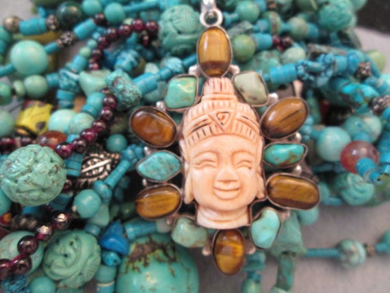 Carved BUDDHA Pendant with Genuine Turquoise & Ti… - image 3