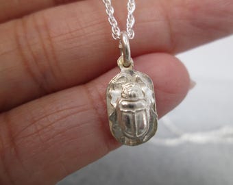 Sterling Silver SCARAB Necklace>Small 925 Silver Scarab Beetle Necklace,Egyptian Scarab Charm Necklace,Dainty 2 Sided 18" Scarab Necklace
