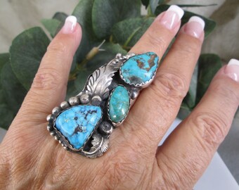 Native Sterling Genuine Turquoise Ring>1 of a Kind Sterling Silver Turquoise ring,925American Tribal Turquoise ring,Southwest ring,Turquoise