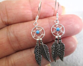 Dreamcatcher Feather Earrings>Sterling Silver Dreamcatcher earrings,Southwestern Turquoise earrings,925 turquoise earring