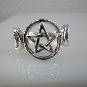Sterling Silver Pentagram Ring with Crescent Moons&gt;Pentacle Ring,Celestial ring,925 Sterling Ring,5 Point Star,Crescent Moon ring,925 ring