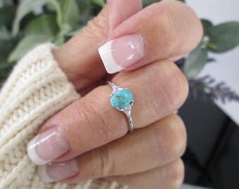 Sterling Turquoise & CZ Ring>Dainty 925 Genuine Turquoise Oval Ring with Trillion CZ's,Stunning Turquoise Ring,Vibrant Blue Turquoise Ring