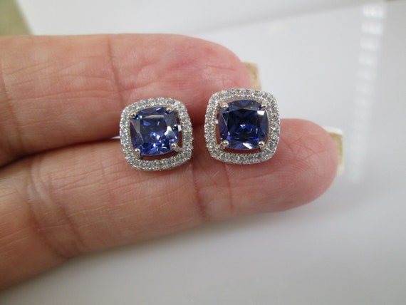 Tanzanite Earrings>925 Sterling Tanzanite Studs,Halo Set Simulated Diamonds,Pave' Studs,Sterling Silver Earrings,925 Tanzanite Earrings