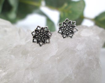 Sterling Lotus Stud Earrings>Oxidized 925 Sterling Lotus Flower Earrings,Lotus Blossom Studs,Dainty Lotus Earrings,Serenity,Peace,925 Studs