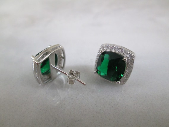 Emerald Halo Cushion Cut Earrings>925 Sterling Silver Earrings,925 Emerald Studs,Emerald earrings,Halo Setting,Sterling Emerald Earrings