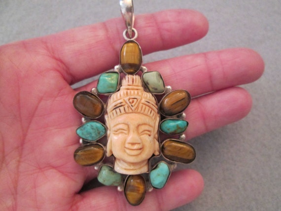 Carved BUDDHA Pendant with Genuine Turquoise & Ti… - image 2