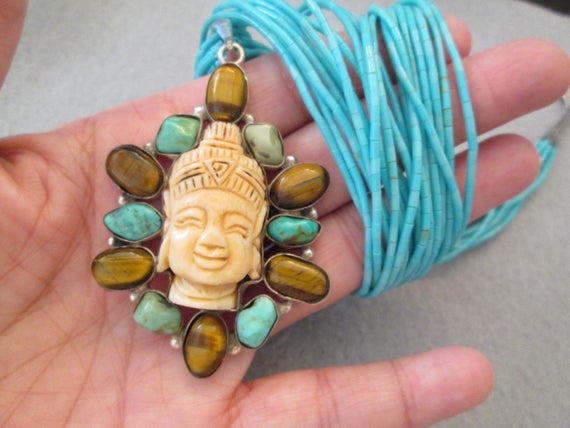 Carved BUDDHA Pendant with Genuine Turquoise & Ti… - image 4