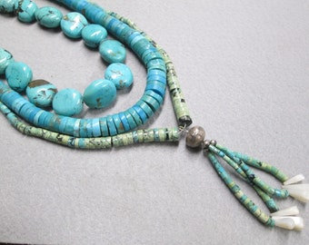 Authentic Navajo Old Pawn Genuine TURQUOISE Heishi 25" Necklace with 4" Jacla>Turquoise necklace,Native American,Southwestern jewelry-JNN138