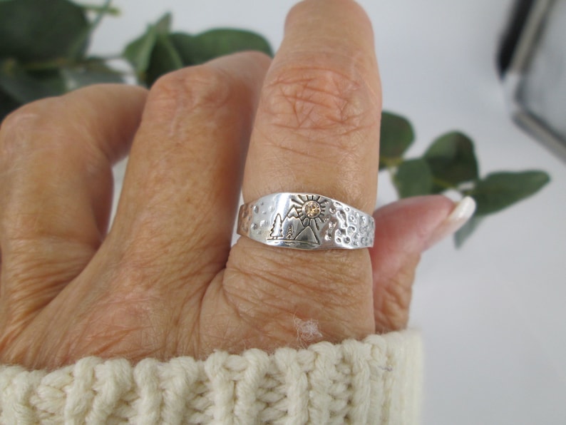 Sterling Silver Mountain Lover Ring>925 Outdoor Lover Ring, Sterling Trees & Sun Ring,Mountain Peek Ring, Silver Forest Ring,925 Hiker ring bild 2