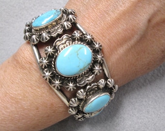 Native TURQUOISE Cuff Bracelet>Turquoise Cuff,Signed HEAVY Sterling Genuine Blue Moon Turquoise Cuff Bracelet,Southwestern Cuff,Turquoise