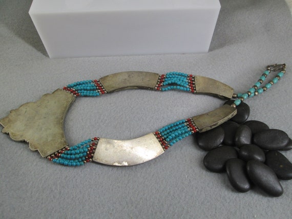 Turquoise and Coral Inlay Necklace>Vintage Turquo… - image 5