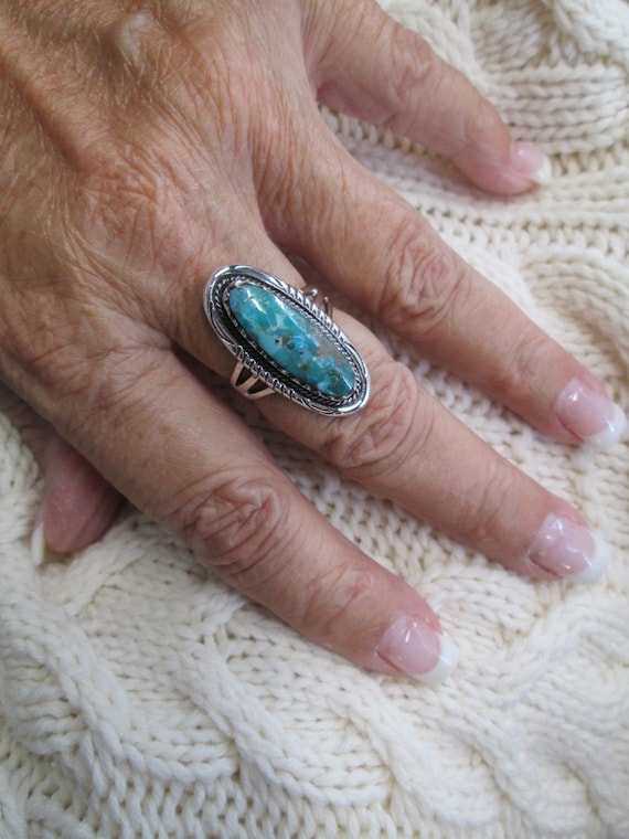 Long Genuine TURQUOISE Ring>925 Sterling Silver T… - image 7