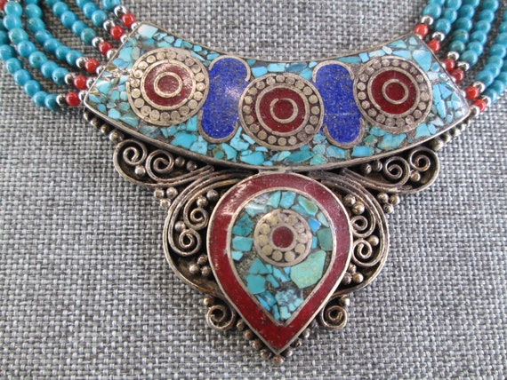 Turquoise and Coral Inlay Necklace>Vintage Turquo… - image 2