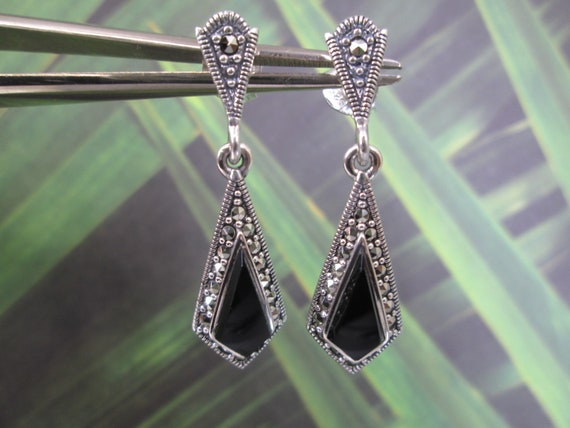 Sterling Silver Genuine ONYX and Marcasite Drop E… - image 2