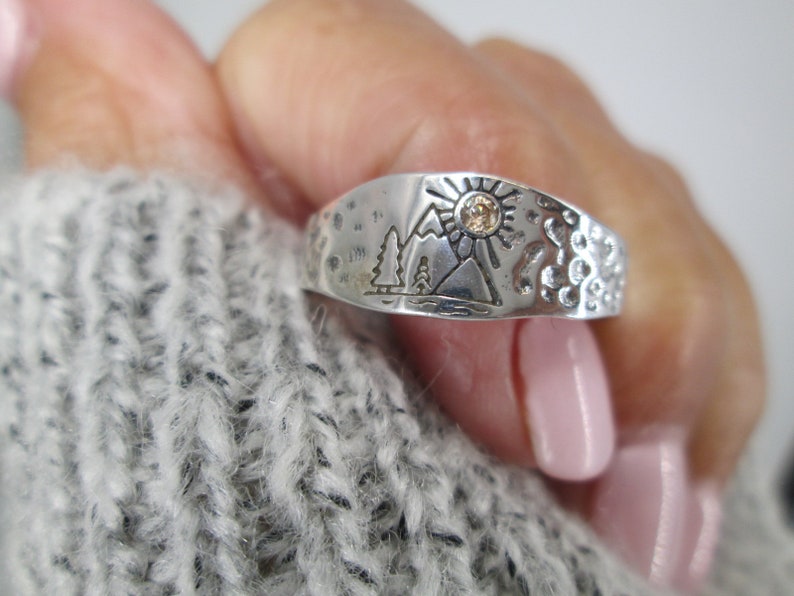 Sterling Silver Mountain Lover Ring>925 Outdoor Lover Ring, Sterling Trees & Sun Ring,Mountain Peek Ring, Silver Forest Ring,925 Hiker ring bild 6
