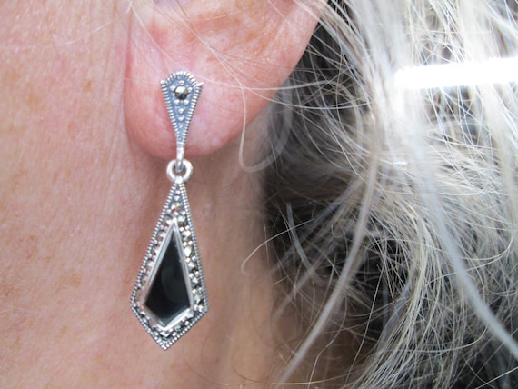 Sterling Silver Genuine ONYX and Marcasite Drop E… - image 6