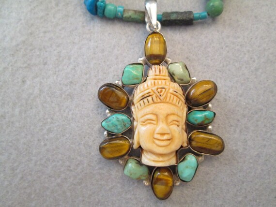 Carved BUDDHA Pendant with Genuine Turquoise & Ti… - image 6