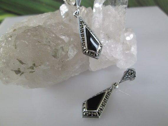 Sterling Silver Genuine ONYX and Marcasite Drop E… - image 4