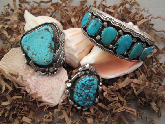 Navajo Turquoise Shadowbox Cuff>Old Pawn Sterling… - image 3