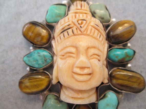 Carved BUDDHA Pendant with Genuine Turquoise & Ti… - image 5