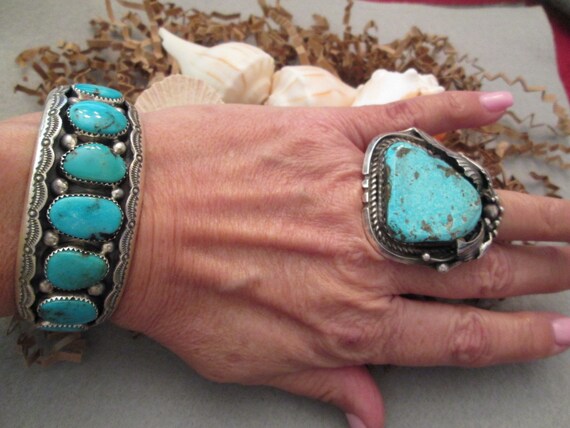 Navajo Turquoise Shadowbox Cuff>Old Pawn Sterling… - image 2