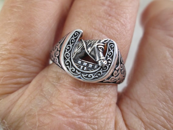 Sterling Silver Horse/Horseshoe Ring>925 Sterling… - image 1