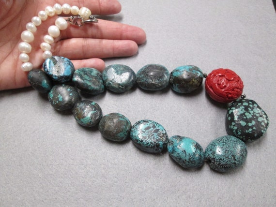 TURQUOISE Necklace>Cinnabar,Cultured Pearl, Turquoise necklace,Cinnabar necklace,Southwestern Necklace,Chunky Necklace,Pearls,Statement