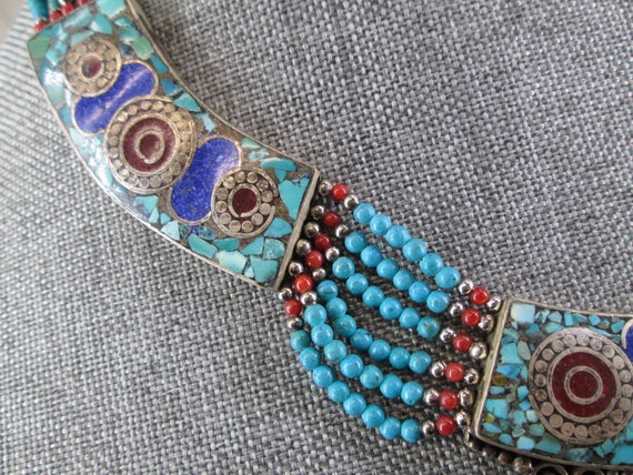 Turquoise and Coral Inlay Necklace>Vintage Turquo… - image 3