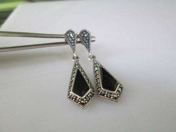 Sterling Silver Genuine ONYX and Marcasite Drop E… - image 3