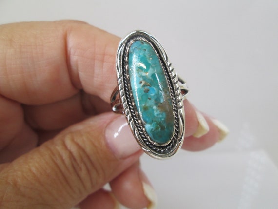 Long Genuine TURQUOISE Ring>925 Sterling Silver T… - image 1