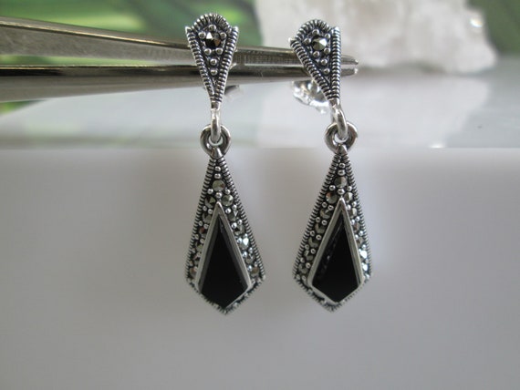 Sterling Silver Genuine ONYX and Marcasite Drop E… - image 5