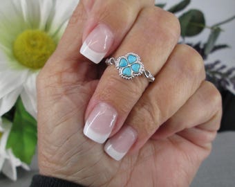 Anillo de trébol turquesa > Anillo de trébol de cuatro hojas 925, Anillo de trébol de cuatro hojas de la suerte, Anillo de turquesa auténtica, Anillo de corazones de turquesa en trébol, Buena suerte