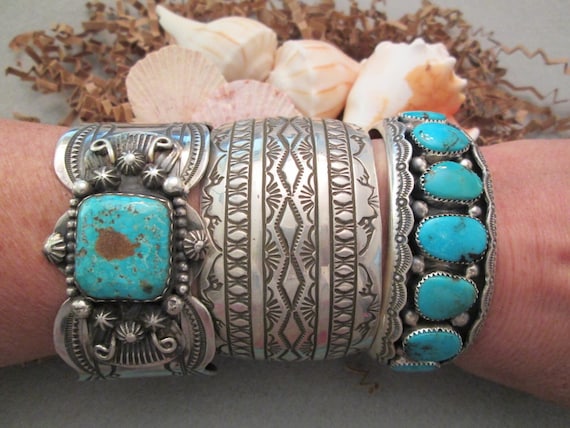 Navajo Turquoise Shadowbox Cuff>Old Pawn Sterling… - image 1